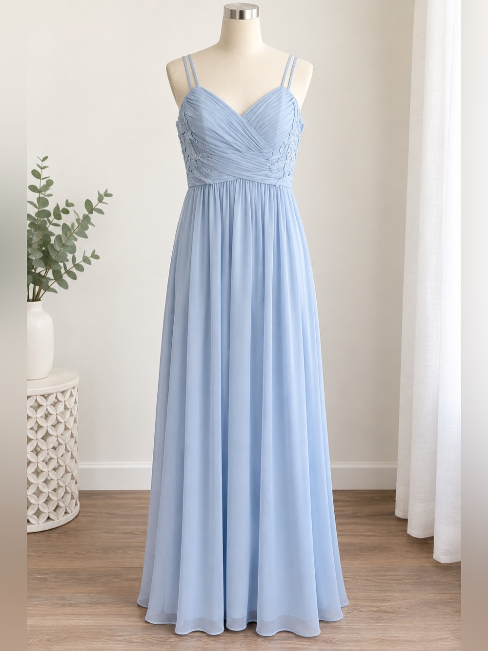 Azazie Dusty Blue Chiffon Bridesmaid Dress Size 8 Lace Ruched